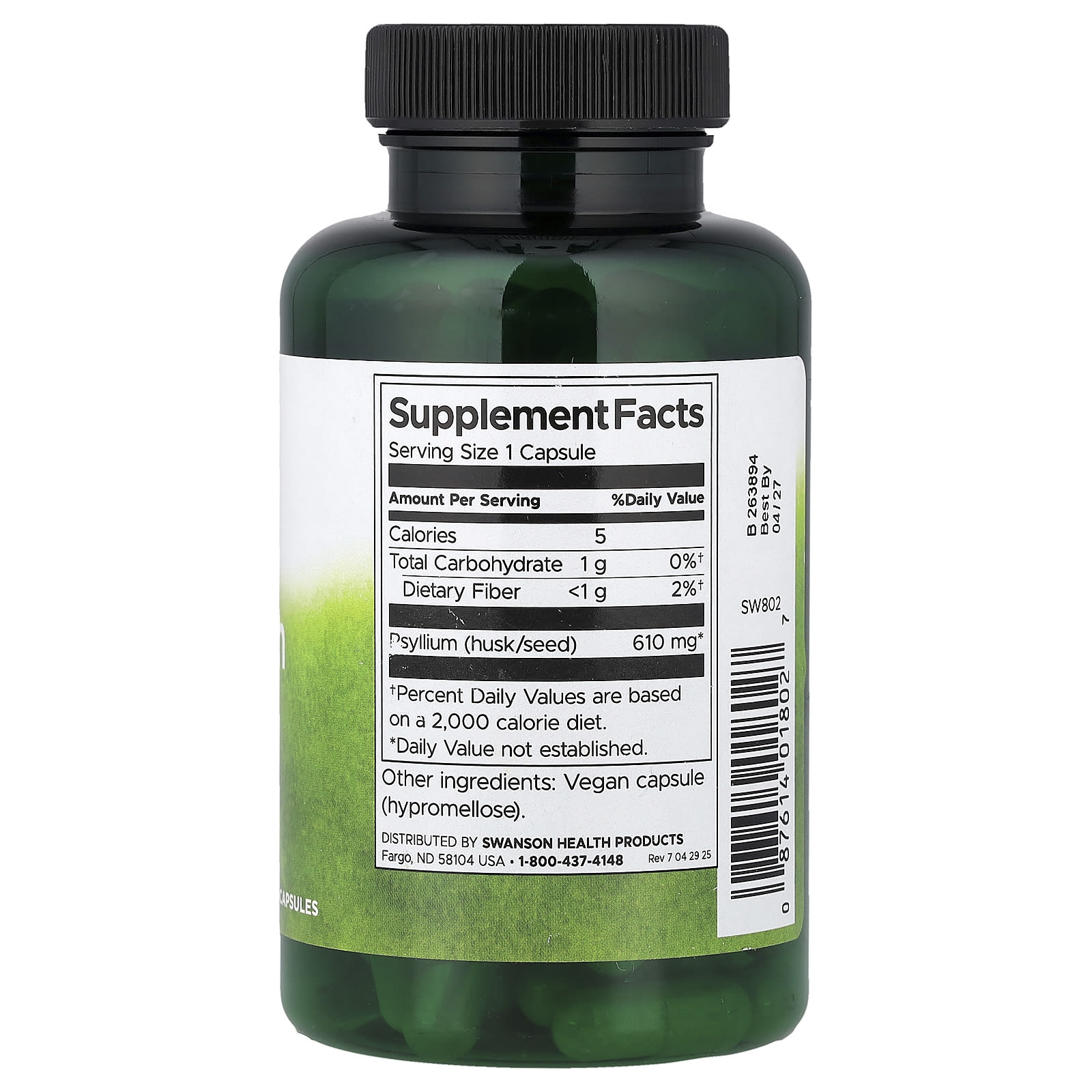 Swanson Vitamins, 車前子殼全素膠囊，610 毫克，100 粒