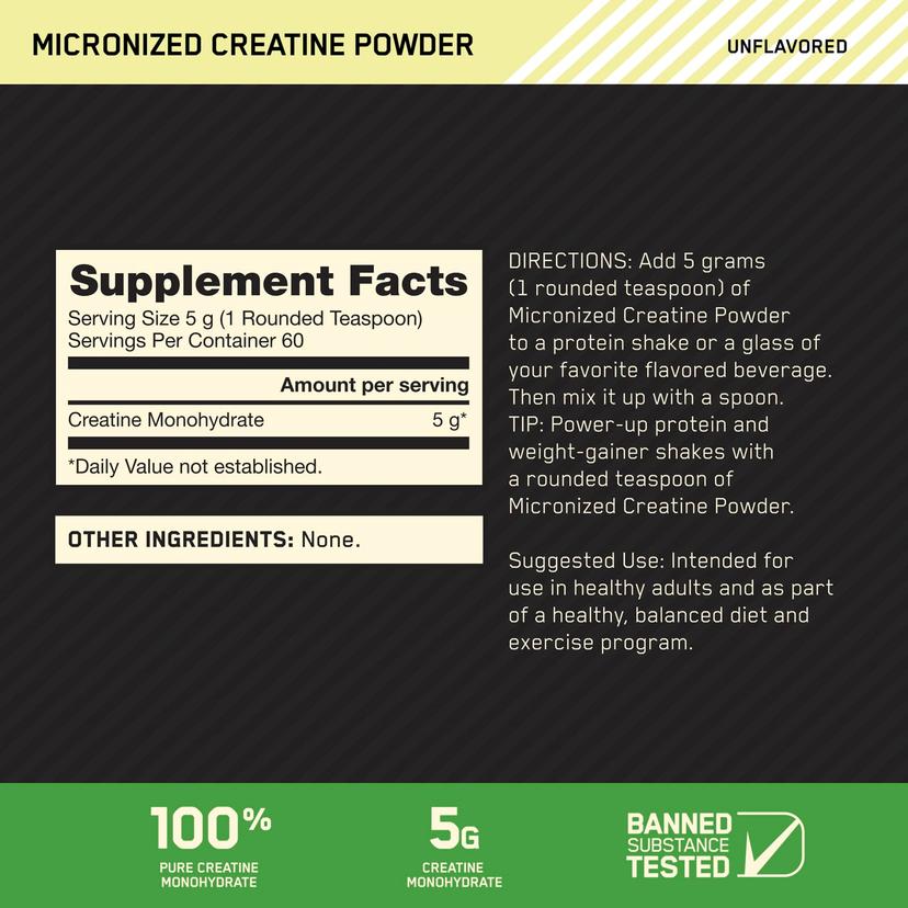 Optimum Nutrition, 肌酸粉，微粉化，天然原味，5000毫克，10.5盎司（300克）