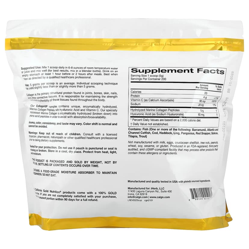 California Gold Nutrition, CollagenUP®,水解海洋膠原蛋白肽 + 透明質酸和維他命 C,原味,2.2 磅(1 千克)