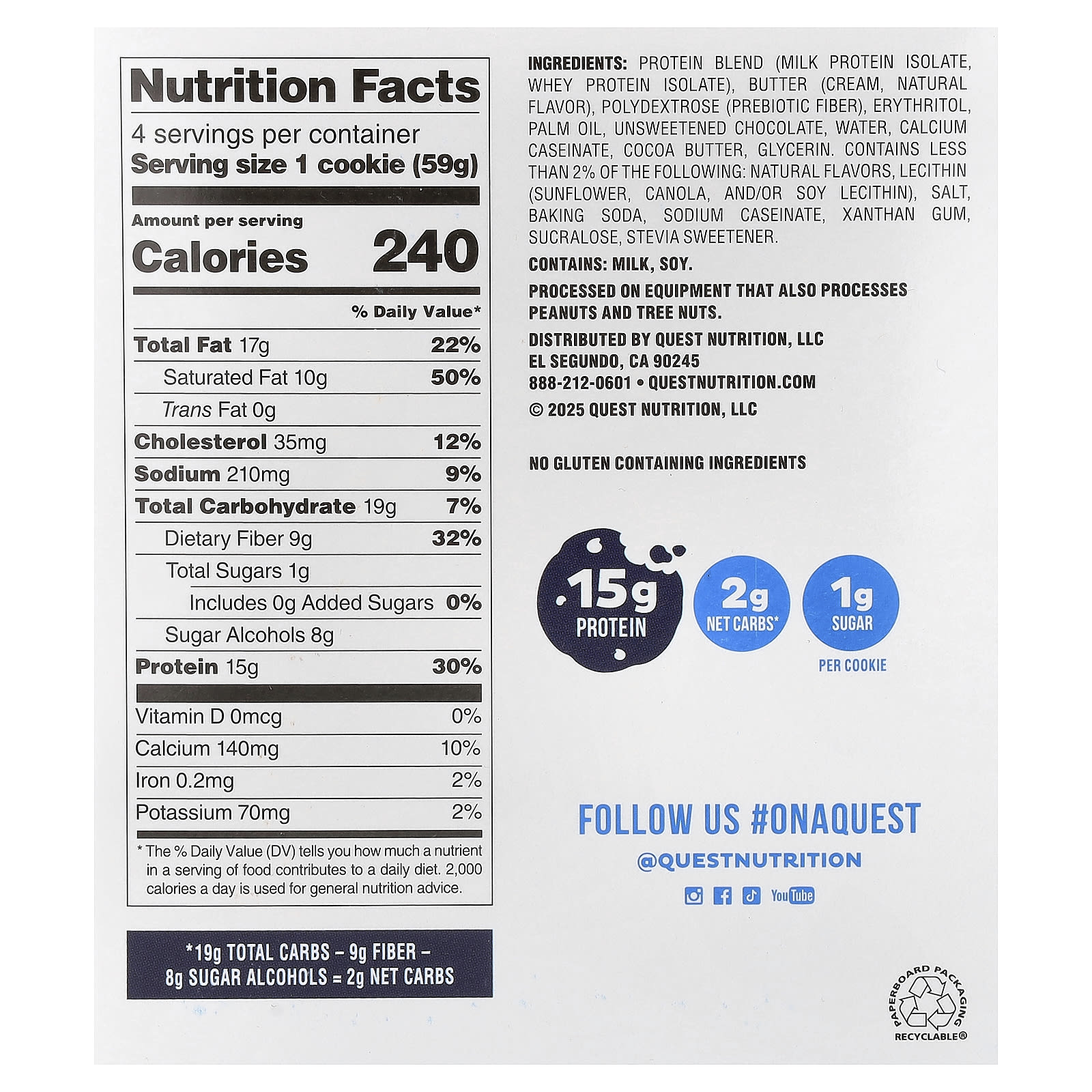 Quest Nutrition, 蛋白餅乾，巧克力碎，4 包，每包 2.08 盎司（59 克）