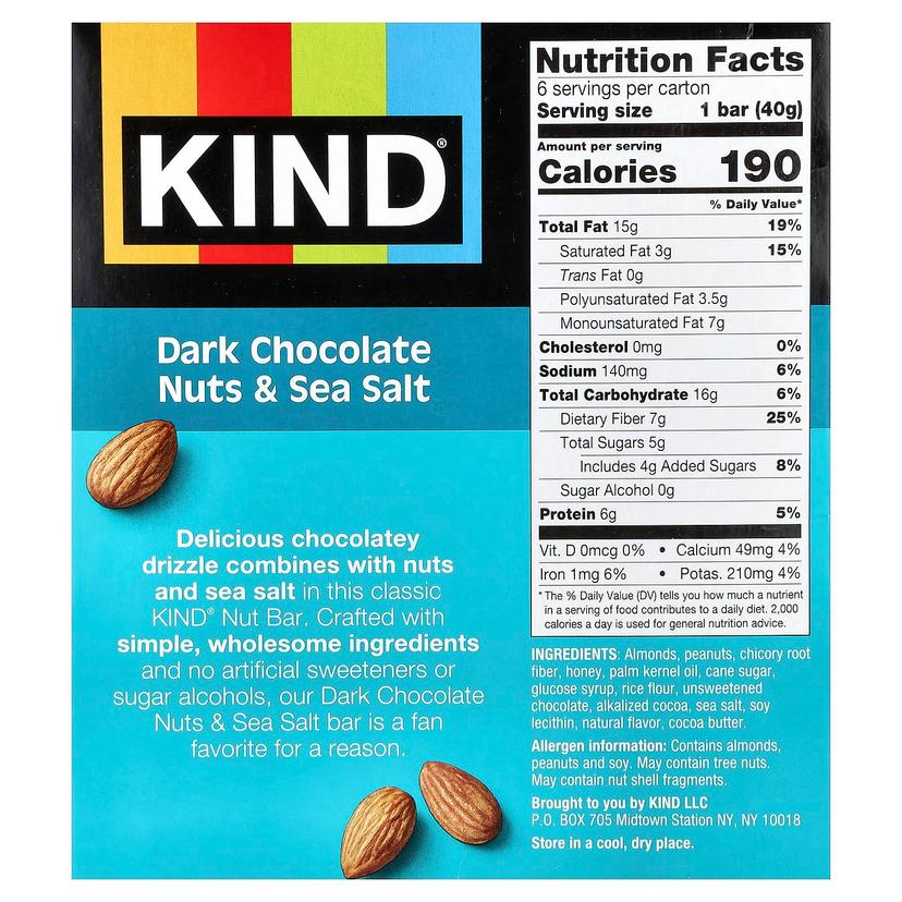 KIND Bars, 蛋白棒，黑巧克力堅果和海鹽，6 根，每根 1.4 盎司（40 克）