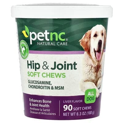 petnc NATURAL CARE, 髖和關節幫助軟咀嚼片，適合各種狗狗，肝味，90 片軟咀嚼片，6.3 盎司（180 克）