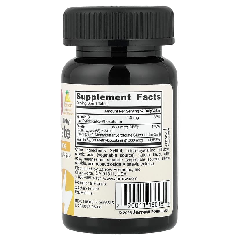 Jarrow Formulas, 全素甲基 B-12 和甲基葉酸,特強型,檸檬味,100 片咀嚼片