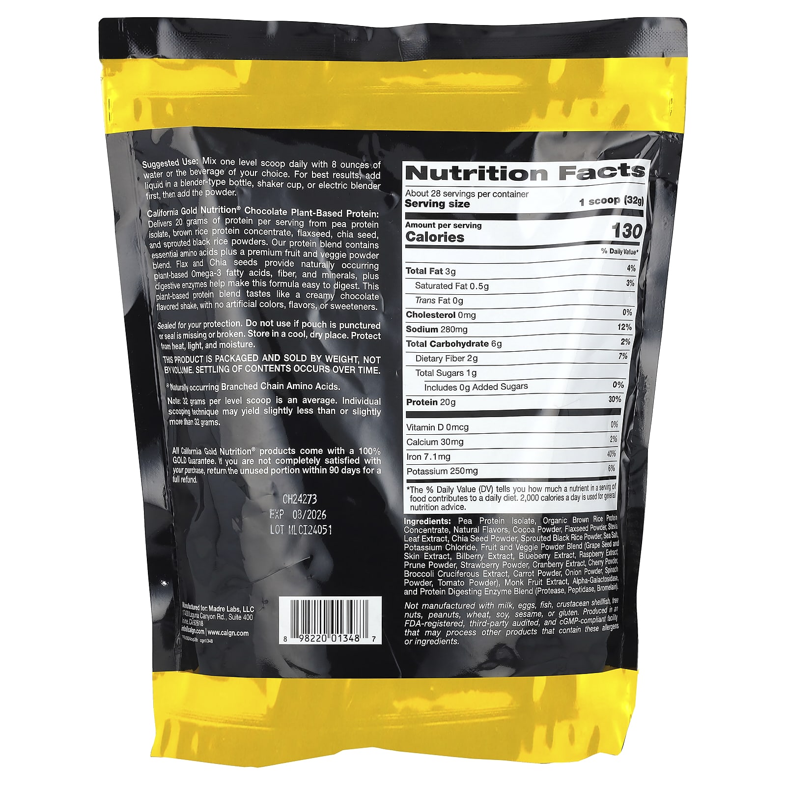 California Gold Nutrition, 運動，植物基蛋白，含有機糙米濃縮蛋白、亞麻籽、奇亞籽，巧克力味，2 磅（907 克）