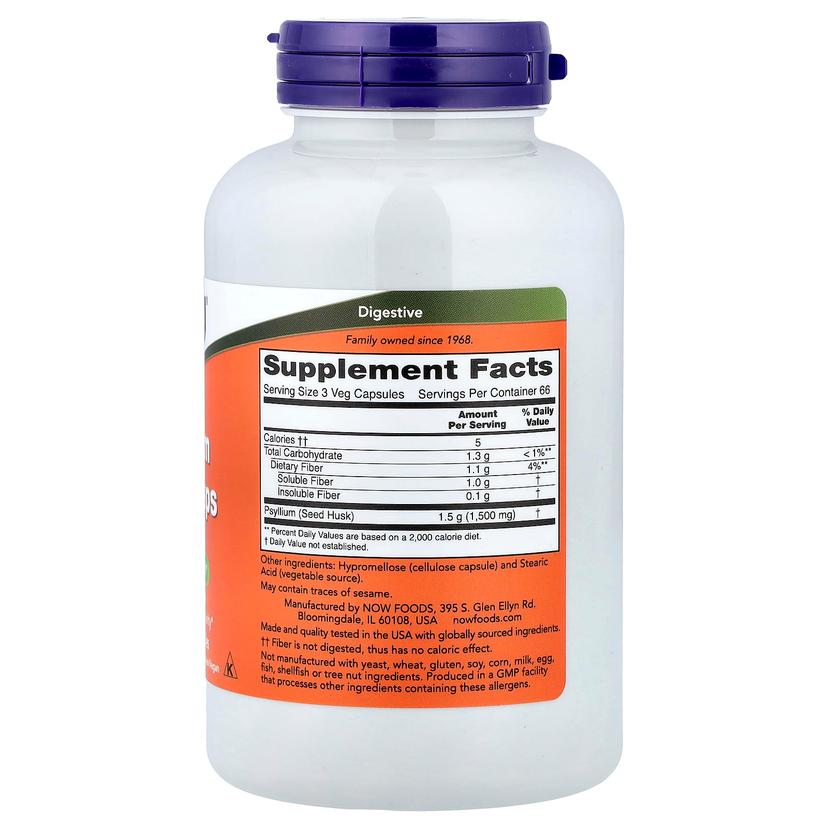 NOW Foods, 車前子殼膠囊，200 粒素食膠囊（每粒膠囊 0.5 克）