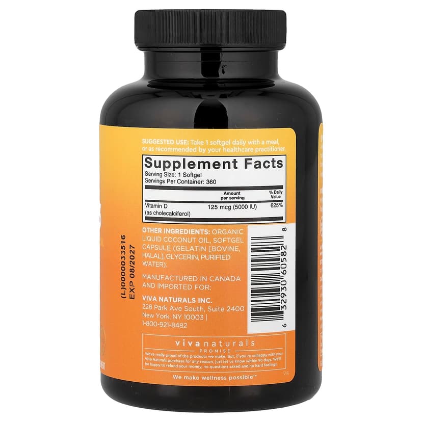 Viva Naturals, 維他命 D3,含有機液體椰子油,125 微克(5,000 國際單位),360 粒軟膠囊