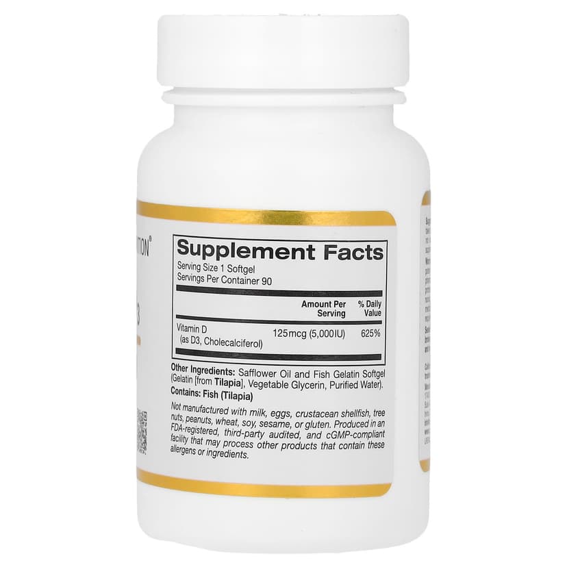 California Gold Nutrition, 維他命 D3,125 微克(5000 國際單位),90 粒魚明膠軟膠囊