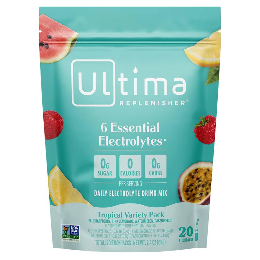Ultima Replenisher, 6 種必需電解質,每日電解質飲品混合,熱帶風味組合裝,20 支裝,2.4 盎司(69 克)