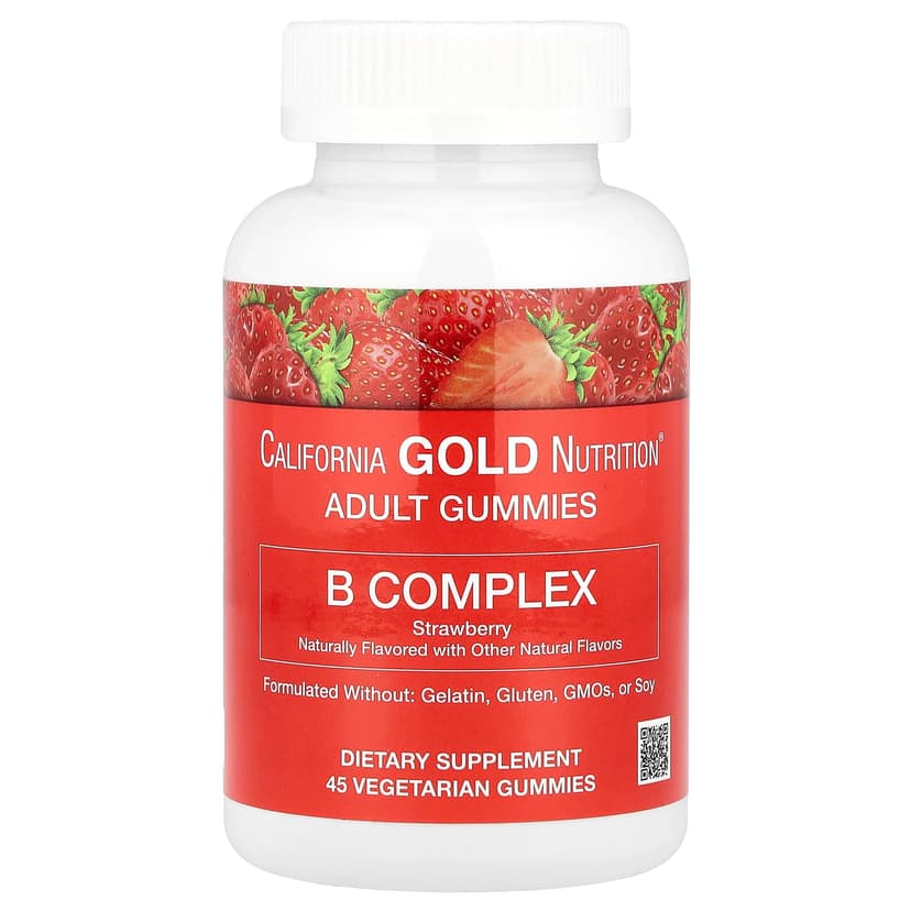 California Gold Nutrition, 含維他命 B6 和 B12、葉酸和生物維他命的複合維他命 B 軟糖,草莓味,45 粒素食軟糖