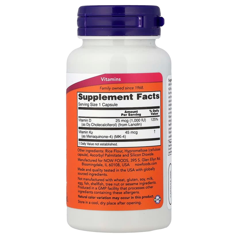 NOW Foods, 維他命 D3 + K2 膠囊,120 粒裝
