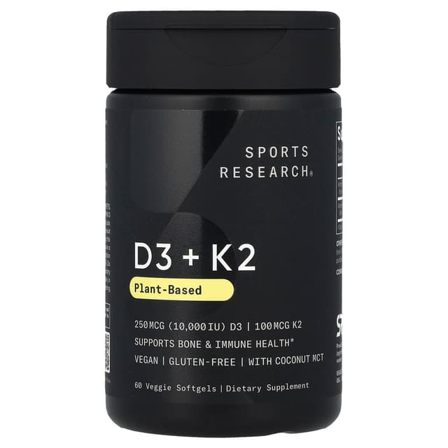 Sports Research, D3 + K2,植物基,250 微克/100 微克,60 粒素食軟膠囊