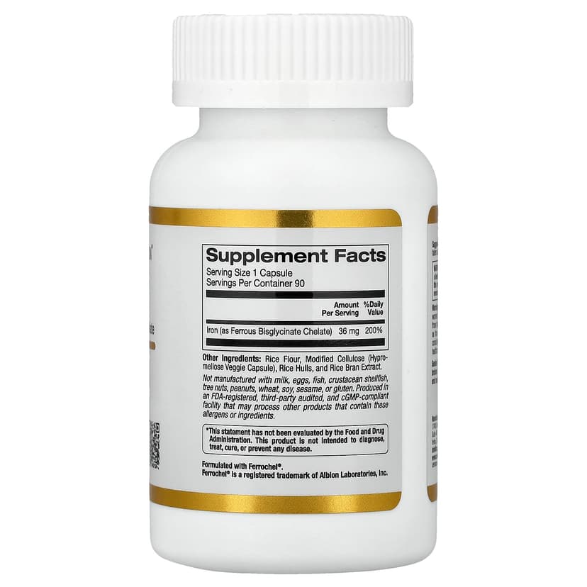 California Gold Nutrition, Ferrochel® 鐵(雙甘氨酸),36 毫克,90 粒素食膠囊