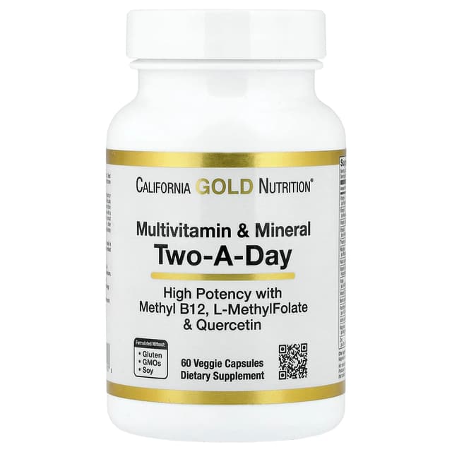California Gold Nutrition, 多維他命和礦物質,含甲基 B12、維他命 C、L-甲基四氫葉酸和生物槲皮素,每日兩粒,60 粒素食膠囊
