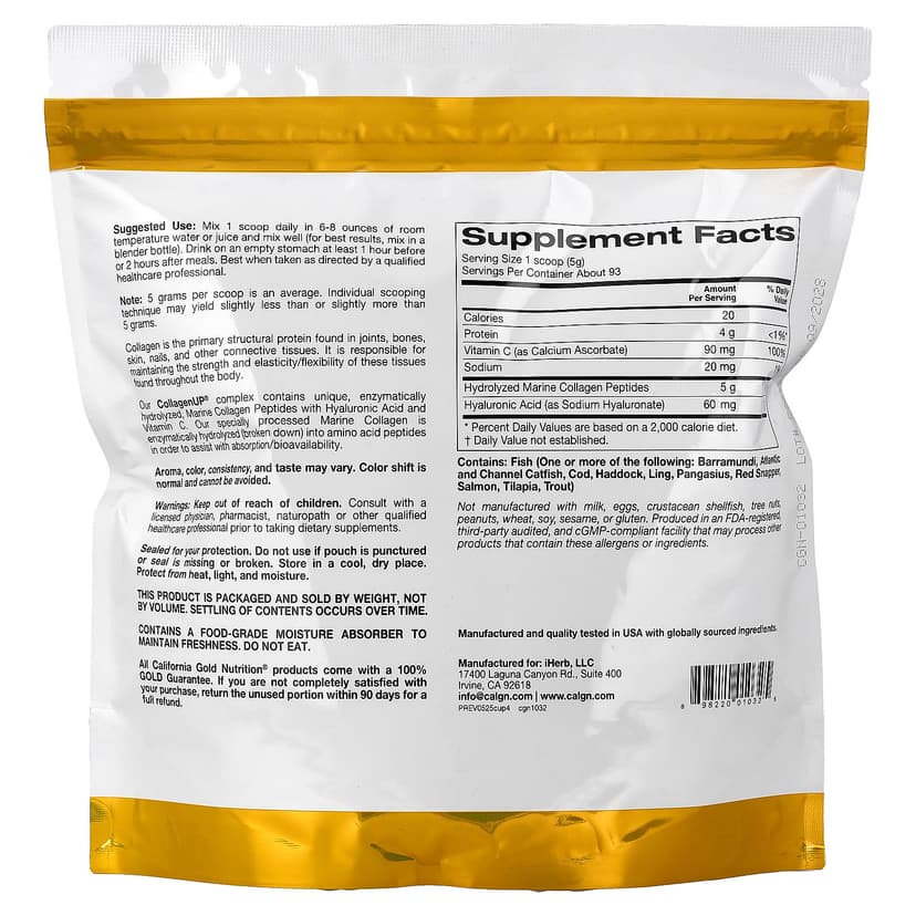California Gold Nutrition, CollagenUP®,水解海洋膠原蛋白肽 + 透明質酸和維他命 C,原味,1.02 磅(464 克)