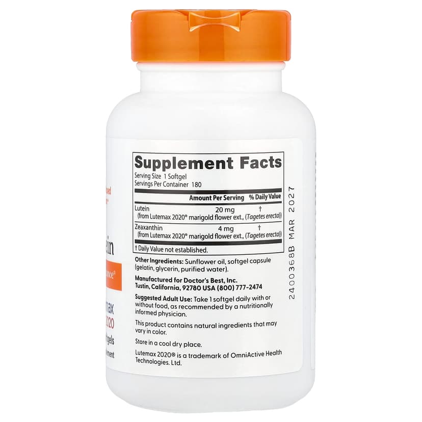 Doctor's Best, 葉黃素,Lutemax 2020,20 毫克,180 粒軟膠囊