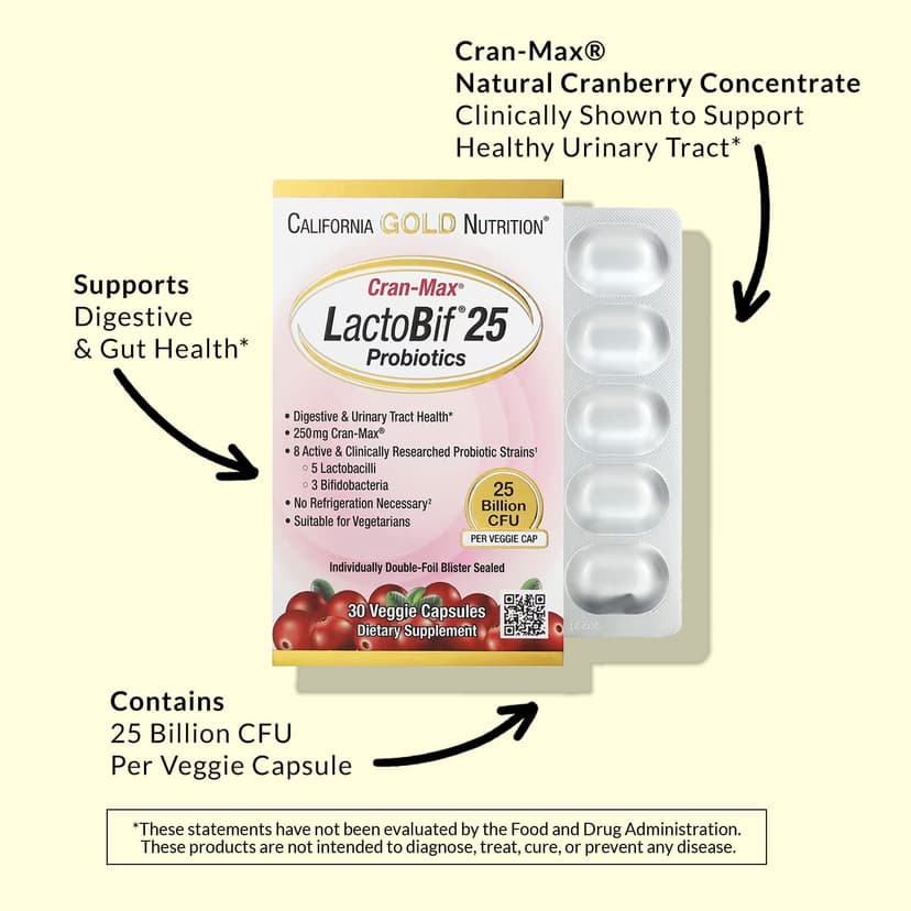 California Gold Nutrition, CranMax® LactoBif® 益生菌,250 億 CFU,30 粒素食膠囊
