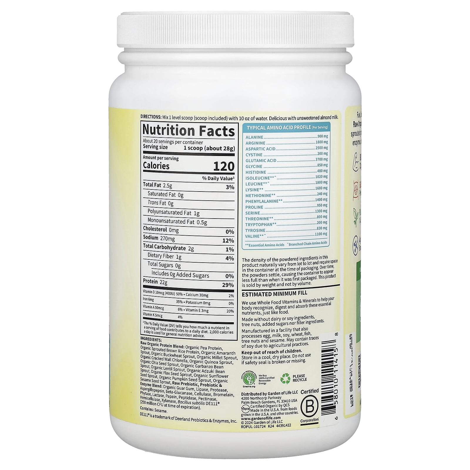 Garden of Life, 未加工有機蛋白質,原味,1 磅 3.75 盎司(560 克)