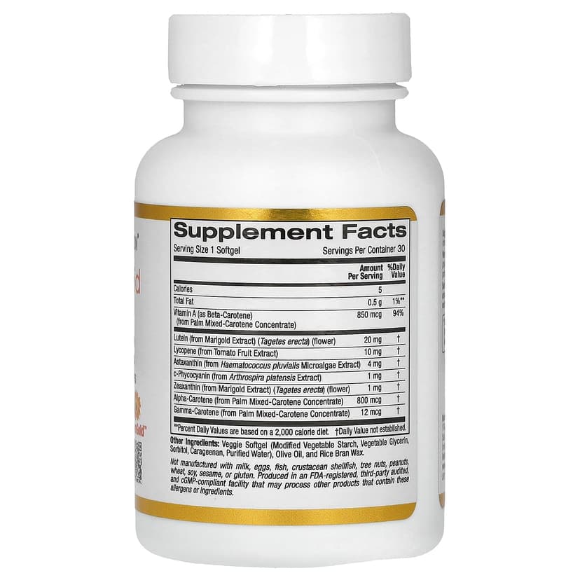 California Gold Nutrition, AstaCarotenoid 複合物素食軟膠囊,含葉黃素、番茄紅素、蝦青素和維他命 A,30 粒
