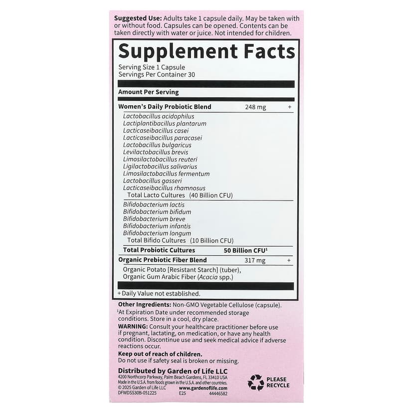 Garden of Life, Dr. Formulated 益生菌,女性每日一次,500 億,30 粒素食膠囊