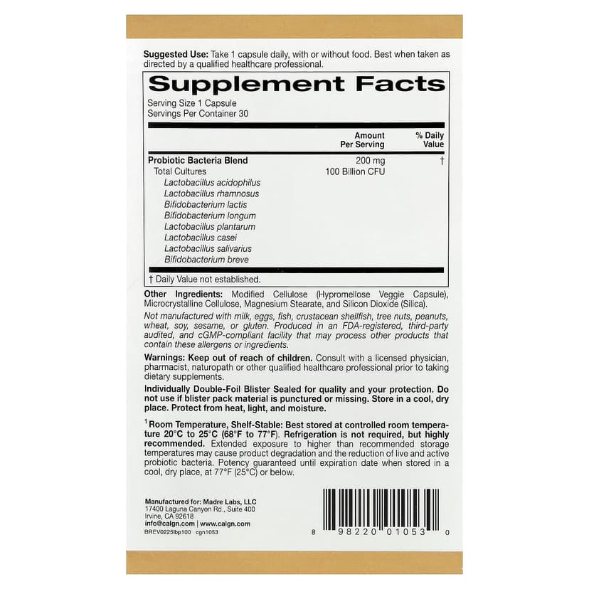California Gold Nutrition, LactoBif® 100 益生菌,1000 億 CFU,30 粒素食膠囊