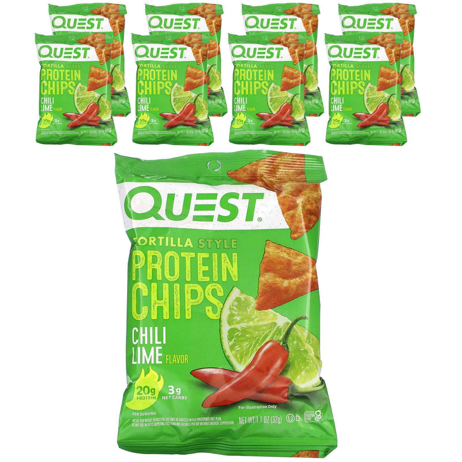 Quest Nutrition, 玉米餅蛋白質薯片,辣椒酸橙,8 袋,每袋 1.1 盎司(32 克)