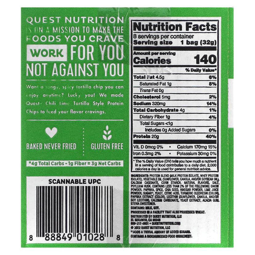 Quest Nutrition, 玉米餅蛋白質薯片,辣椒酸橙,8 袋,每袋 1.1 盎司(32 克)