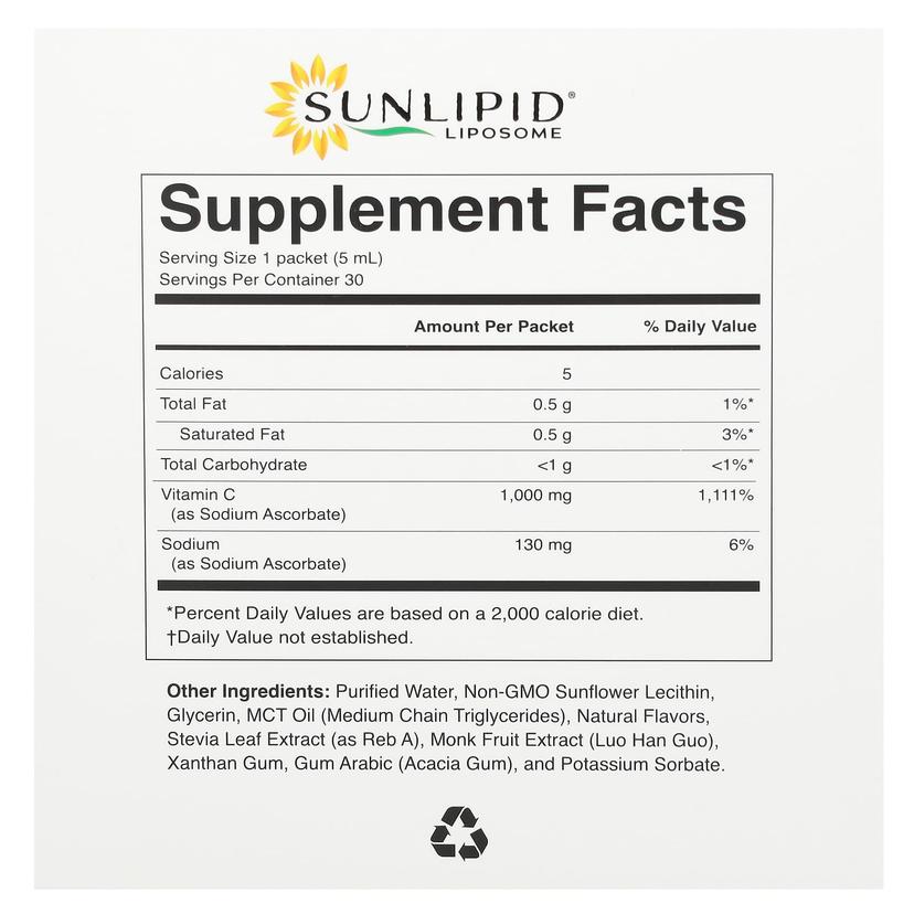 Sunlipid, 脂質體維他命 C,含中鏈甘油三酯油,30 包,每包 0.17 液量盎司(5 毫升)