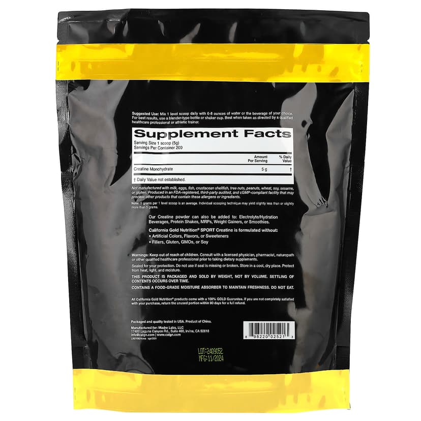 California Gold Nutrition, 運動系列,一水肌酸,原味,2.2 磅(1 千克)