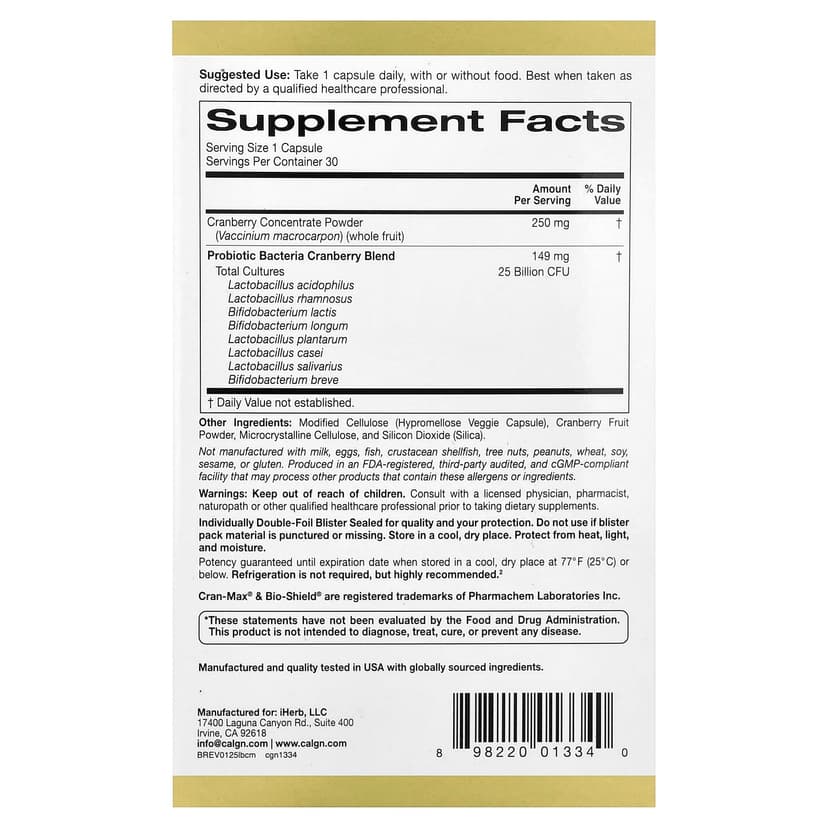 California Gold Nutrition, CranMax® LactoBif® 益生菌,250 億 CFU,30 粒素食膠囊