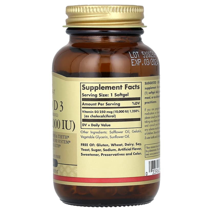 Solgar, 維他命 D3 (膽鈣化醇)軟膠囊,250 微克 (10000 IU),120 粒裝