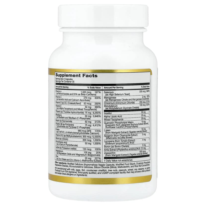 California Gold Nutrition, 多維他命和礦物質,含甲基 B12、維他命 C、L-甲基四氫葉酸和生物槲皮素,每日兩粒,60 粒素食膠囊