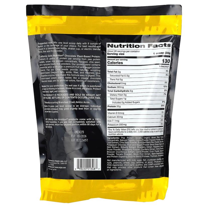 California Gold Nutrition, 運動,植物基蛋白,含有機糙米濃縮蛋白、亞麻籽、奇亞籽,巧克力味,2 磅(907 克)