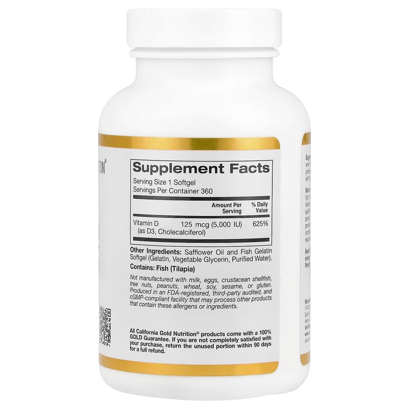 California Gold Nutrition, 維他命 D3,125 微克(5000 國際單位),360 粒魚明膠軟膠囊
