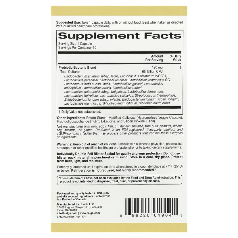 California Gold Nutrition, LactoBif® 65 益生菌,30 粒素食膠囊