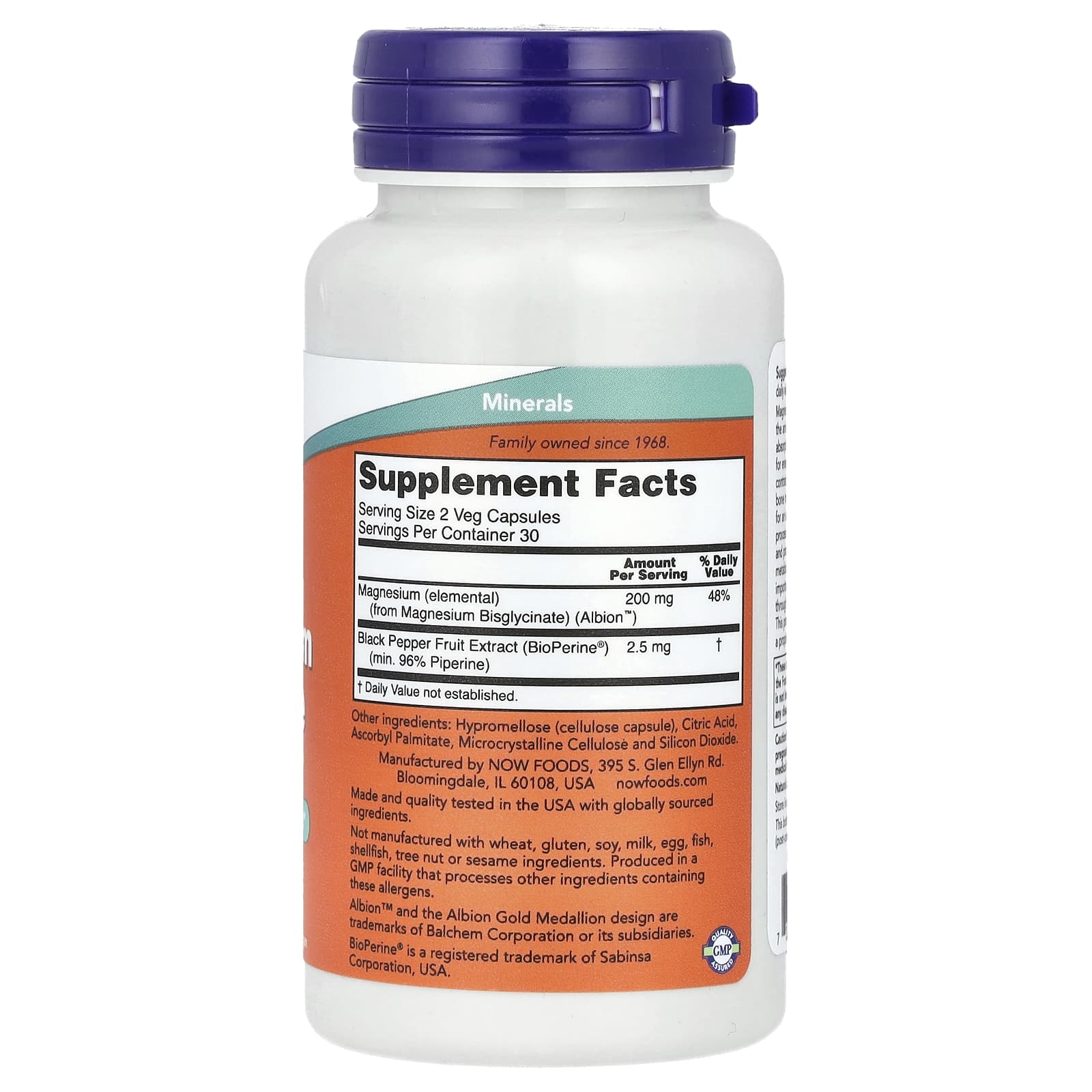 NOW Foods, 含 BioPerine® 的甘氨酸鎂,60 粒素食膠囊