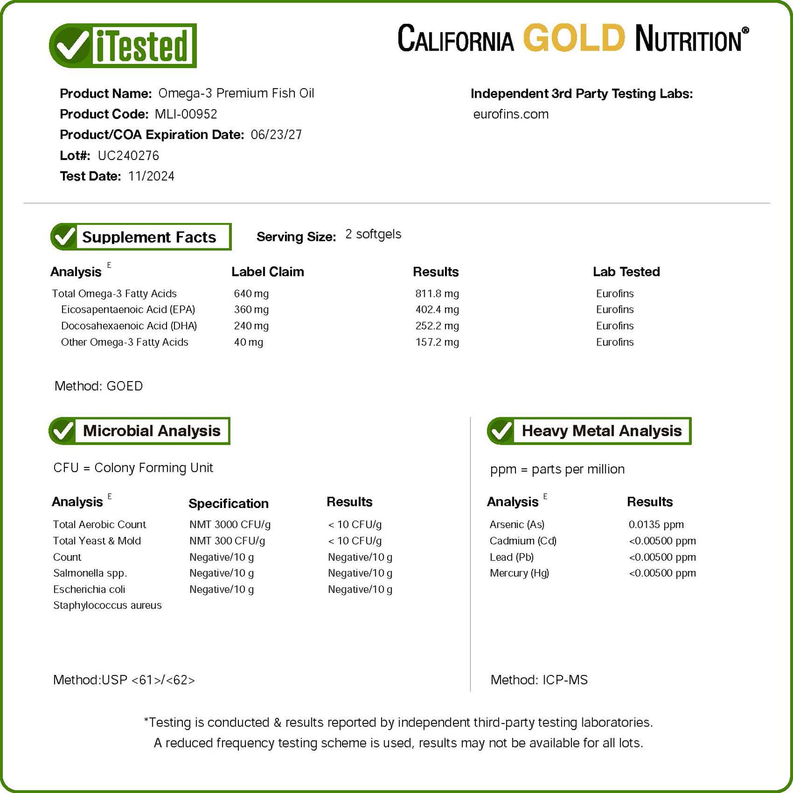 California Gold Nutrition, Omega-3 優質魚油,100 粒魚明膠軟膠囊(每粒 1,100 毫克)