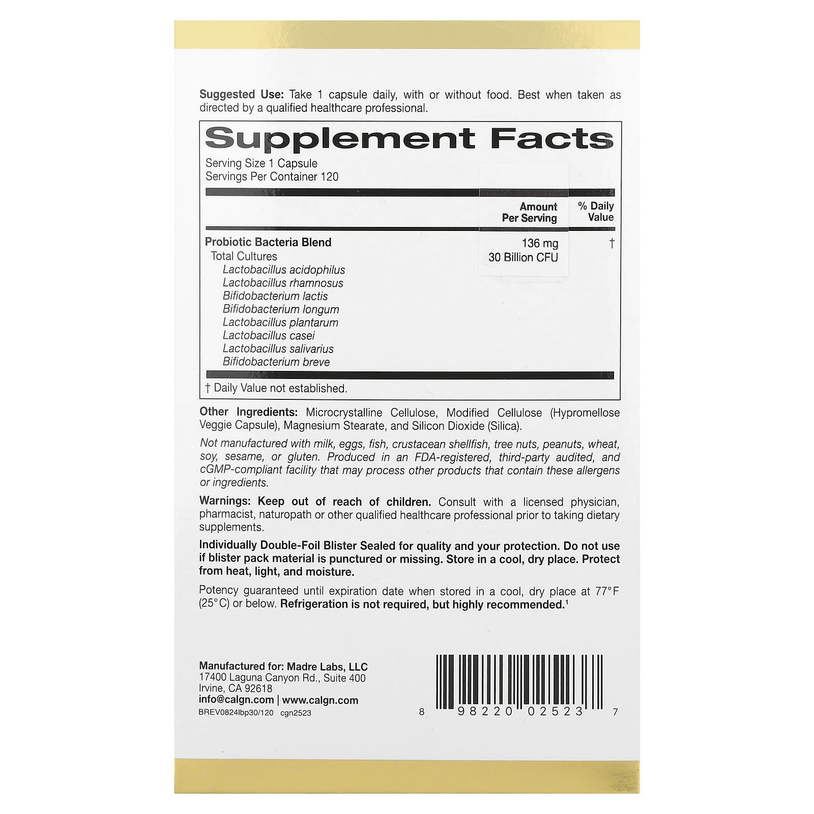 California Gold Nutrition, LactoBif® 30 益生菌,300 億 CFU,120 粒素食膠囊