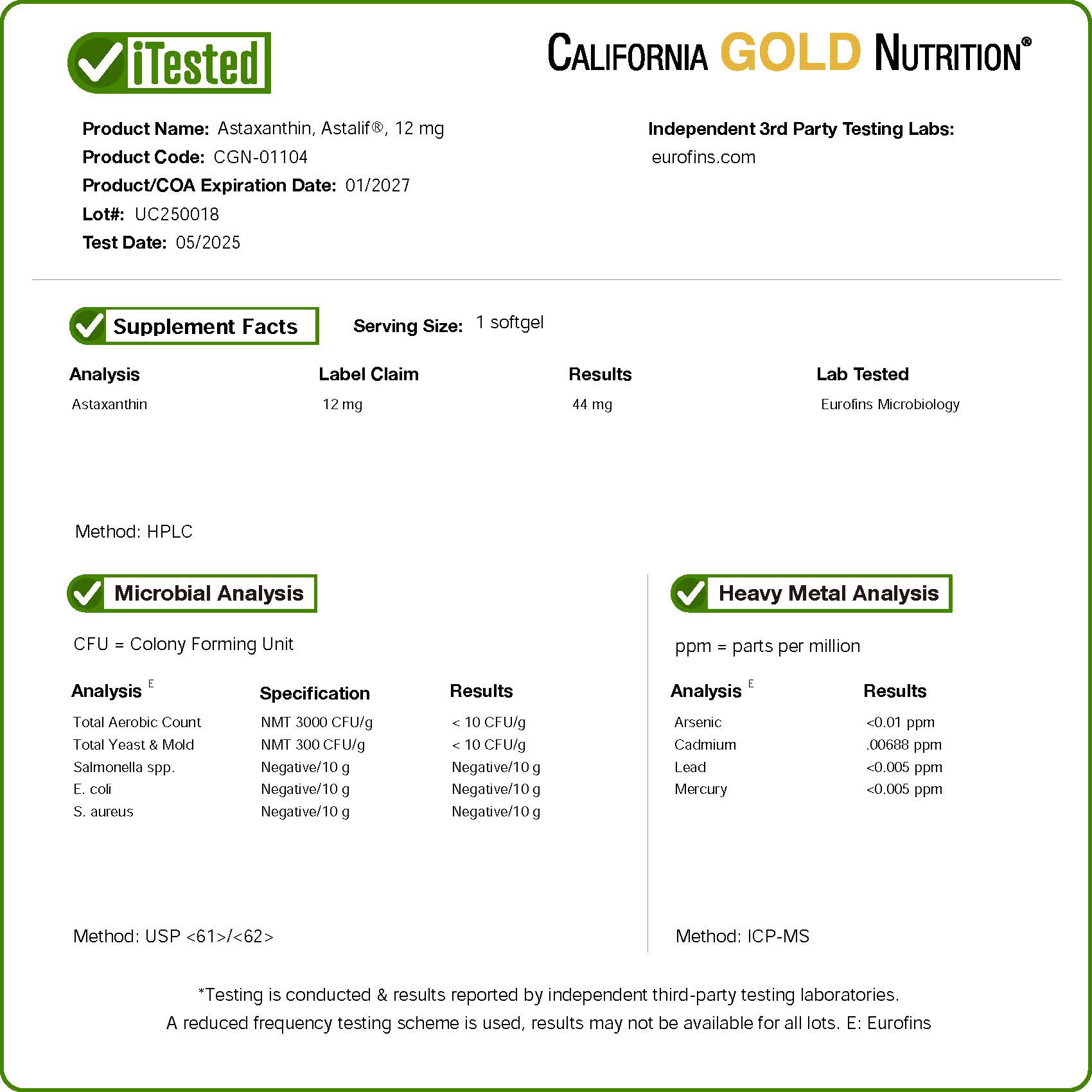 California Gold Nutrition, 蝦青素,Astalif® 全冰島,12 毫克,120 粒素食軟膠囊