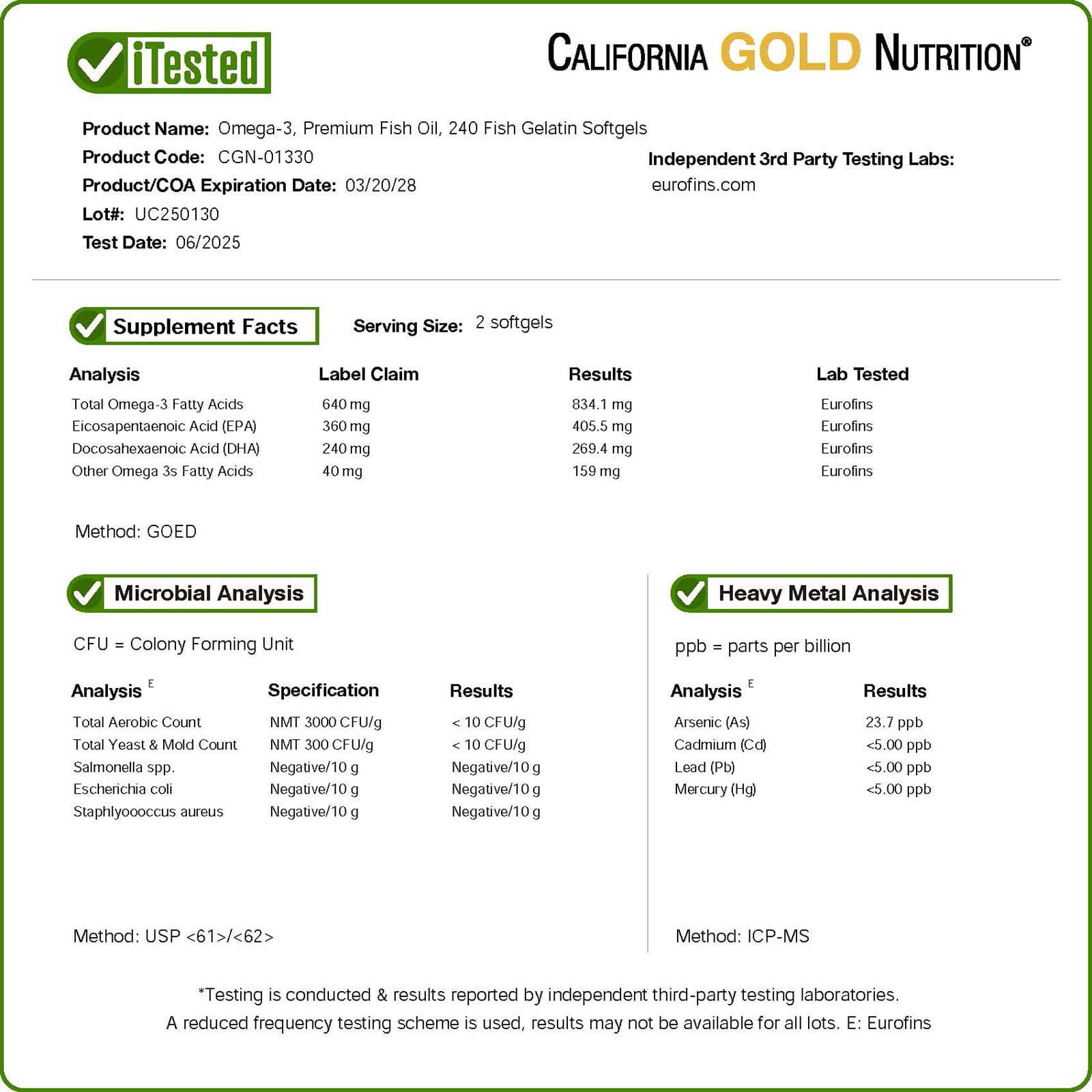 California Gold Nutrition, Omega-3,優質魚油,240 粒魚明膠軟膠囊