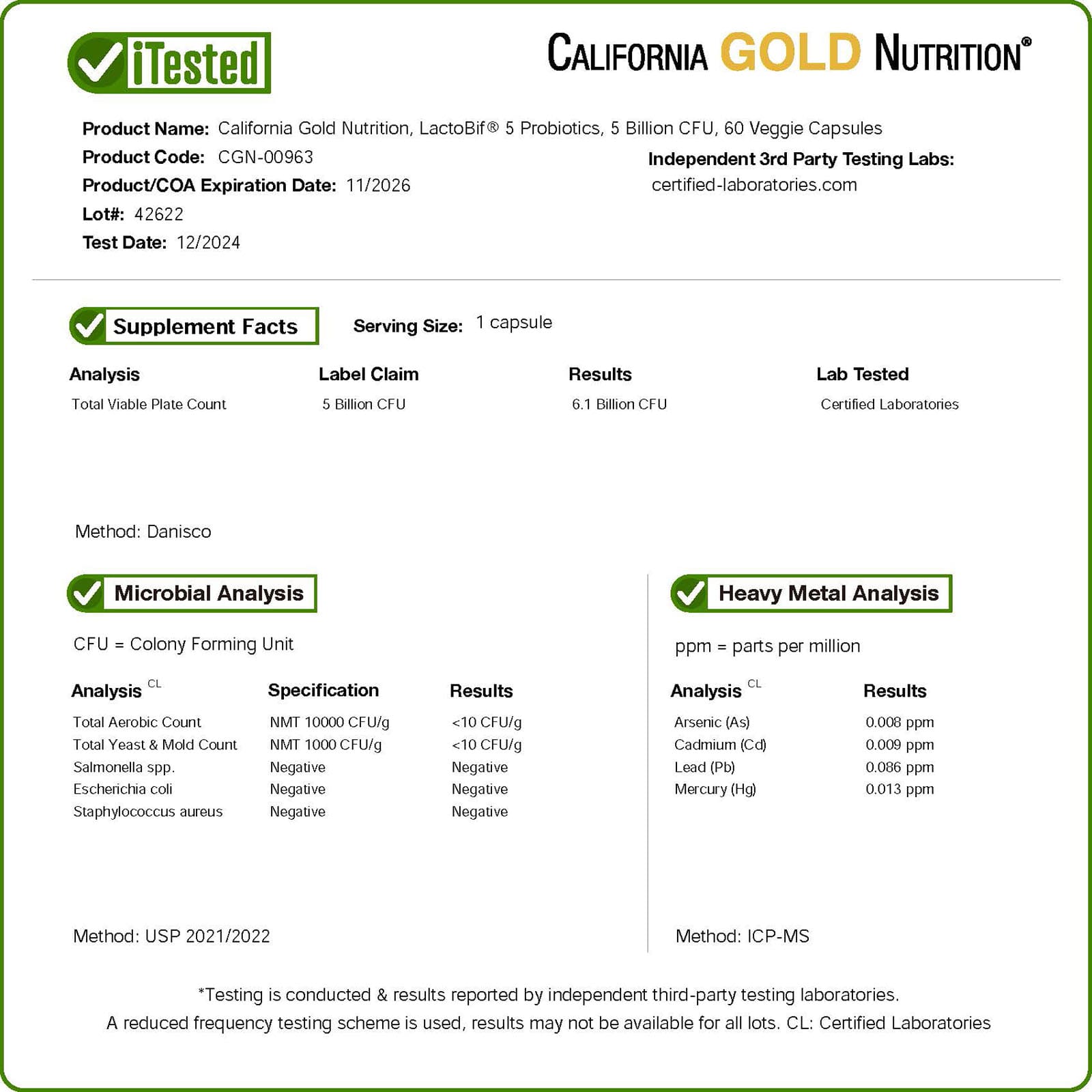 California Gold Nutrition, LactoBif® 5 益生菌,50 億 CFU,60 粒素食膠囊