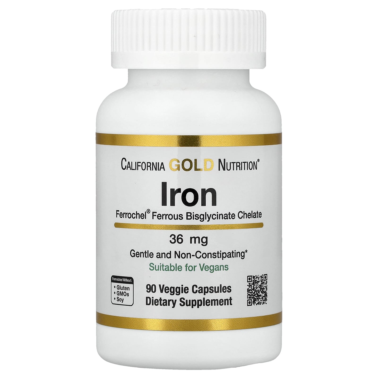 California Gold Nutrition, Ferrochel® 鐵(雙甘氨酸),36 毫克,90 粒素食膠囊