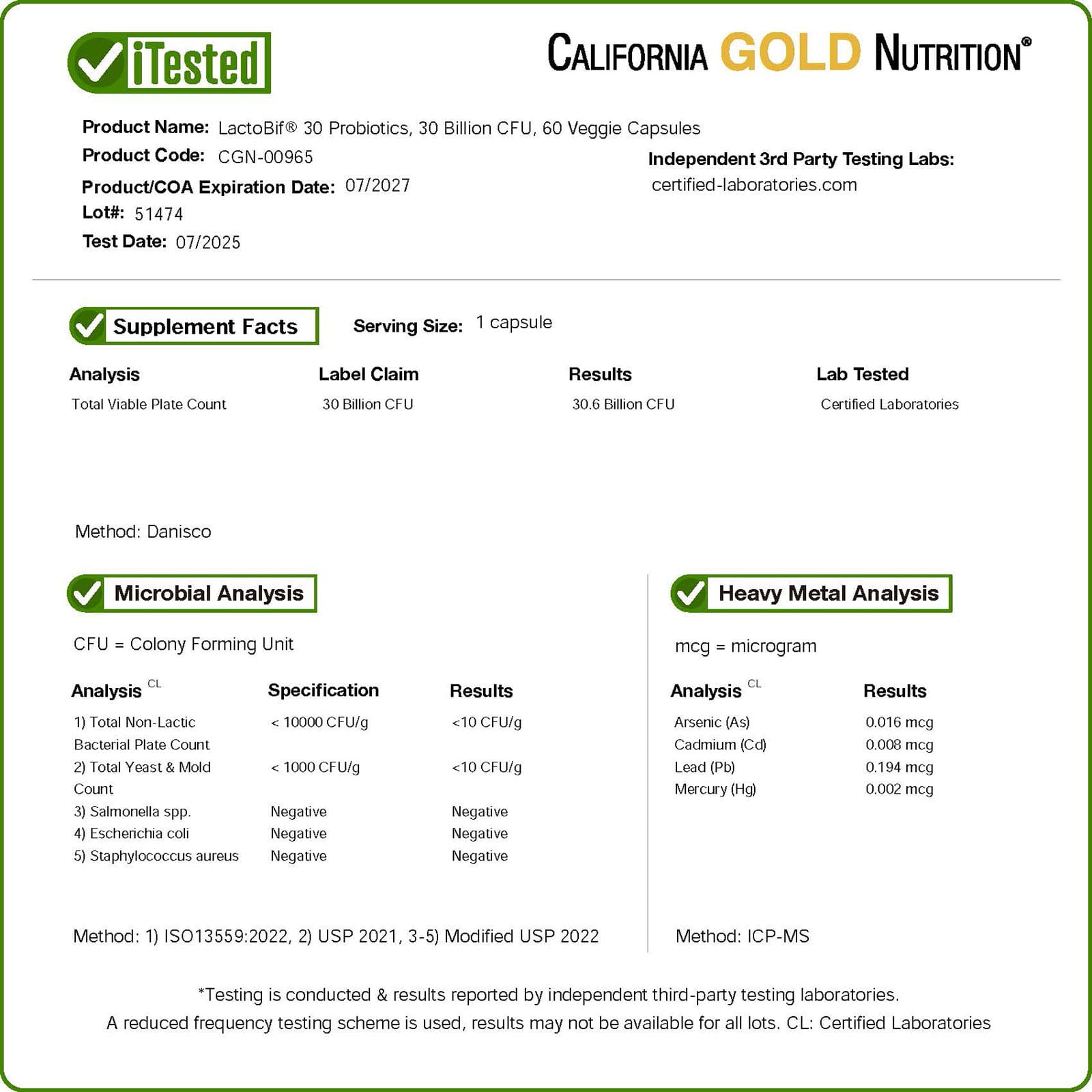 California Gold Nutrition, LactoBif® 30 益生菌,300 億 CFU,60 粒素食膠囊
