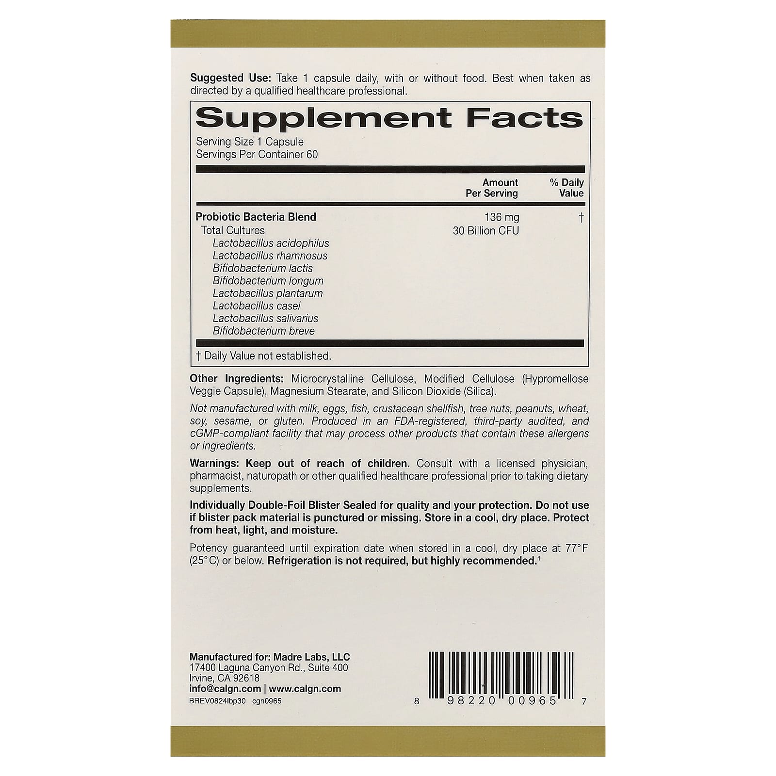 California Gold Nutrition, LactoBif® 30 益生菌,300 億 CFU,60 粒素食膠囊