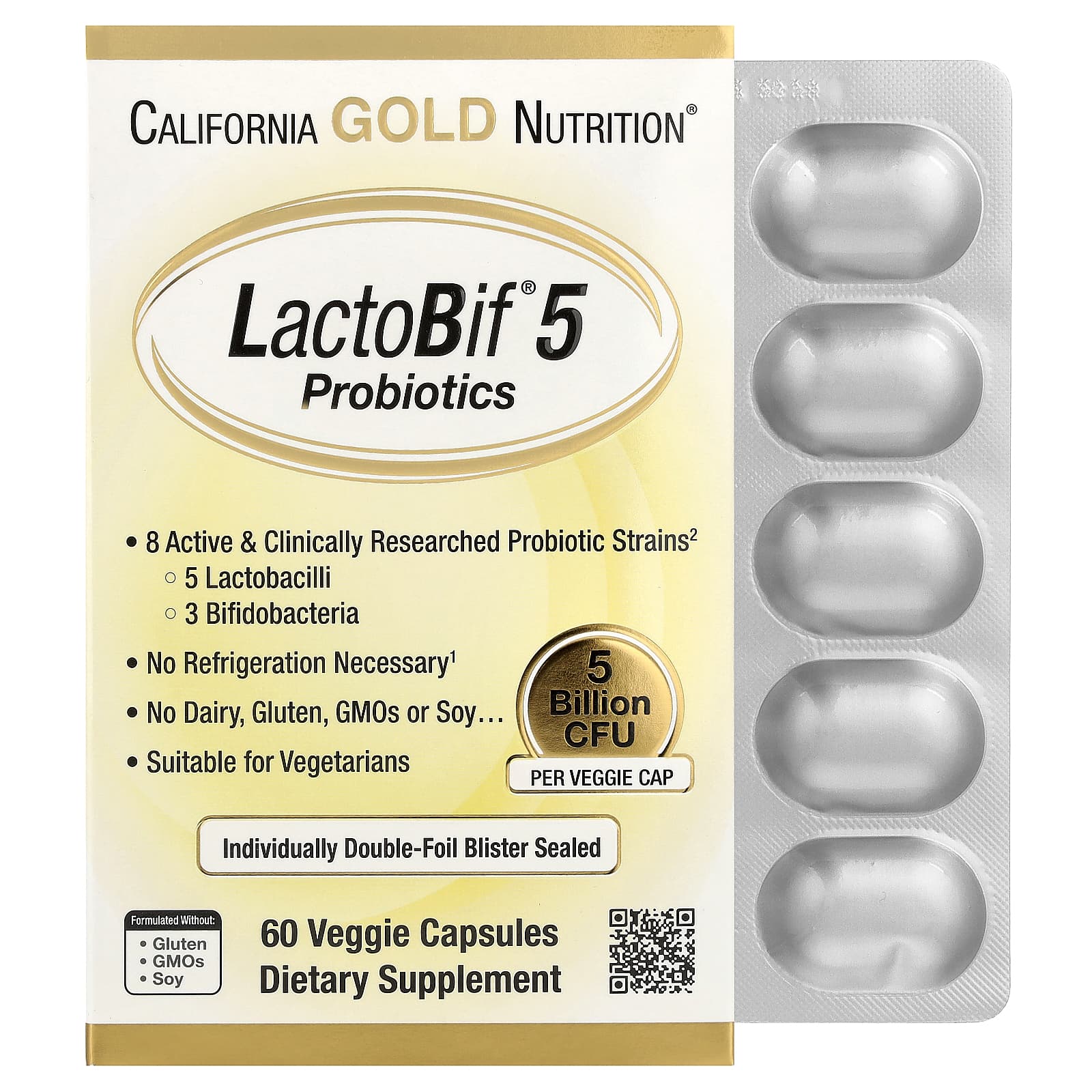 California Gold Nutrition, LactoBif® 5 益生菌,50 億 CFU,60 粒素食膠囊